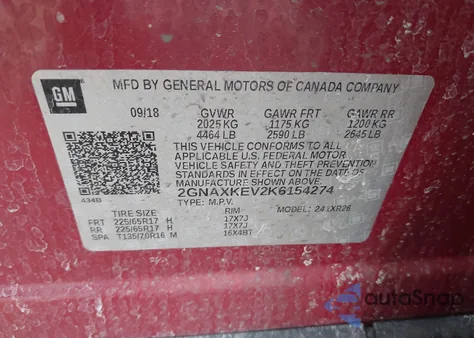 2019 Chevrolet Equinox Lt z USA, uszkodzony, nr VIN 2GNAXKEV2K6154274